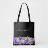 Paarse violetfloralen monogram zwart script draagtas (Voorkant)