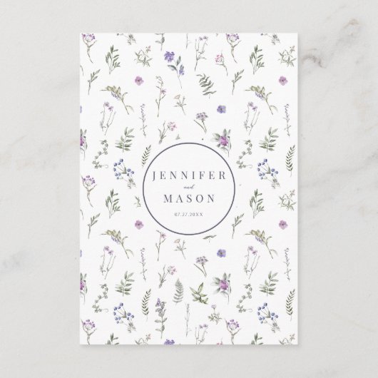 Paarse violette bloem bloeit bruiloft details kaar informatiekaartje (Achterkant)