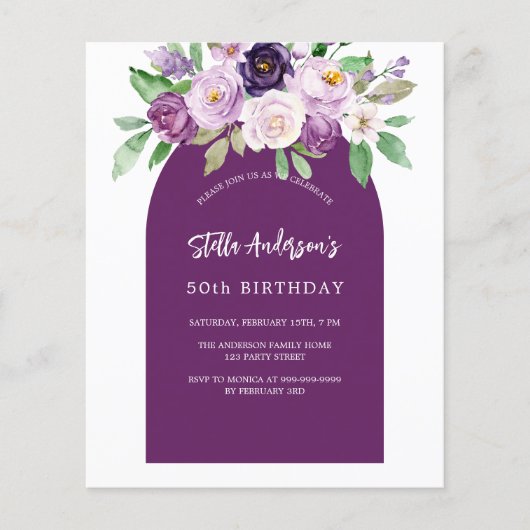 Paarse violette bloemen budget verjaardagsuitnodig (Voorkant)