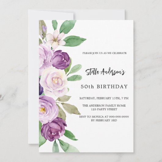 Paarse violette bloemen verjaardag kaart (Voorkant)