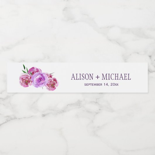 Paarse violette blozen bloemenboeket bruiloft waterfles etiket (Enkel label)