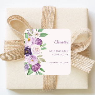 Paarse violette roze bloemen verjaardag vierkante sticker