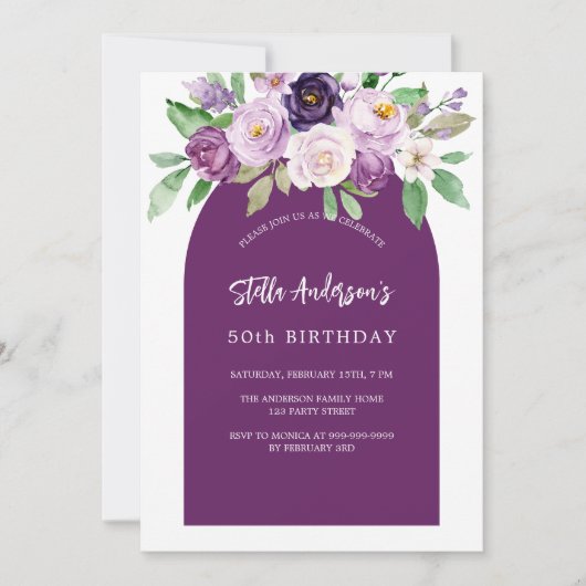 Paarse violette waterkleurige bloemen verjaardag kaart (Voorkant)