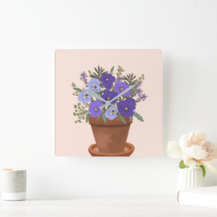 Paarse viooltjes in een pot – botanische bloemkuns vierkante klok