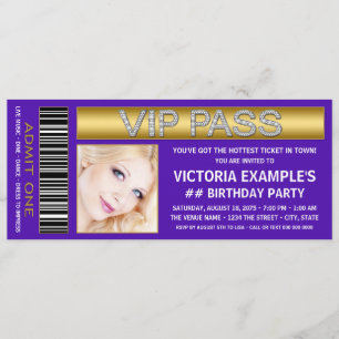 Paarse VIP Pass Admission Ticket Birthday Party Kaart