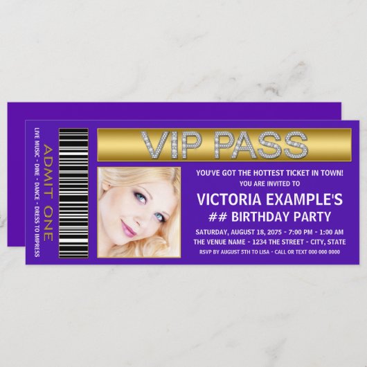 Paarse VIP Pass toegangsbewijs verjaardagsfeestje Kaart (Voorkant / Achterkant)
