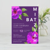 Paarse vleermuis mitzvah roze bloemige Waterverf m Kaart (Staand voorkant)