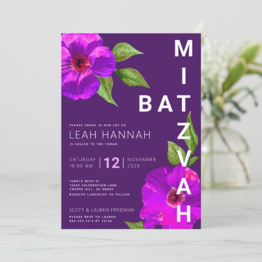 Paarse vleermuis mitzvah roze bloemige Waterverf m Kaart (Staand voorkant)