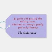 Paarse vliegende engel: gouden sterren zeggen lang cadeaulabel (Achterkant Horizontaal)