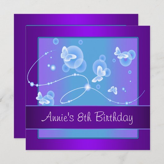 Paarse vlinder 8e verjaardag uitnodiging 8e (Voorkant / Achterkant)