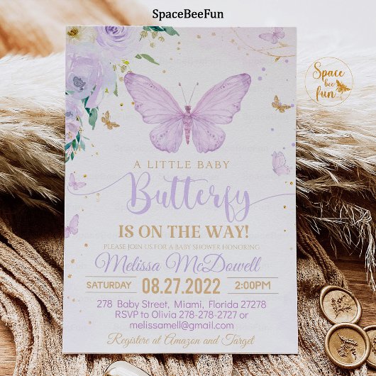 Paarse Vlinder Baby Shower Uitnodiging Meisje uitn