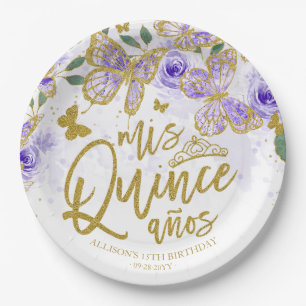 Paarse Vlinder Bloemige Quinceanera Feest Papieren Bordje
