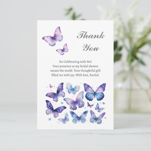 Paarse Vlinder Bruidsfeest Bedankkaart (Staand voorkant)