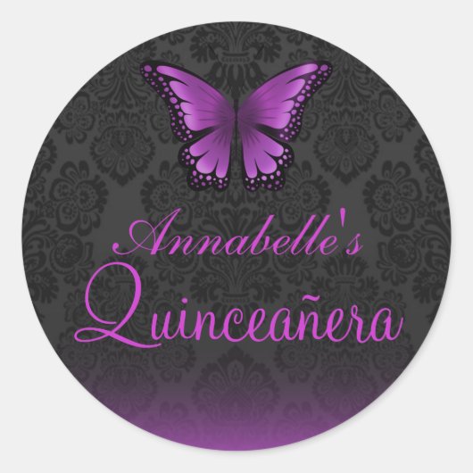 Paarse Vlinder & Damask Quinceañera Sticker (Voorkant)