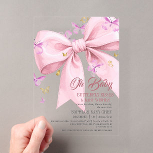 Paarse Vlinder Goud en Blush Roze Baby Shower Acryl Uitnodigingen