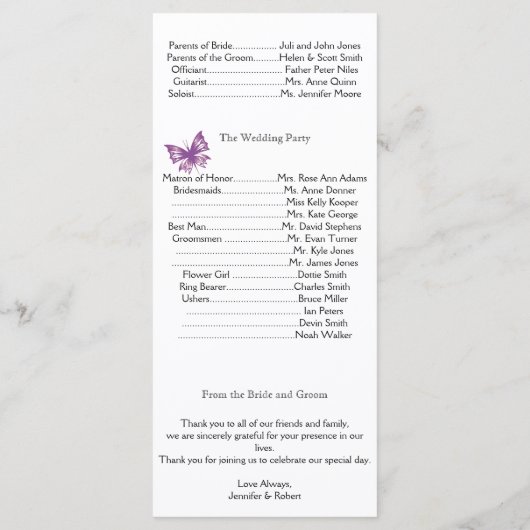 Paarse vlinder hart bruiloft programma (Achterkant)