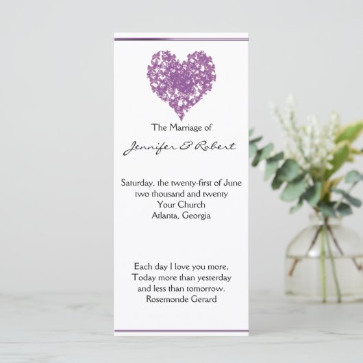 Paarse vlinder hart bruiloft programma (Staand voorkant)