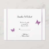 Paarse vlinder hart bruiloft RSVP Briefkaart (Voorkant)
