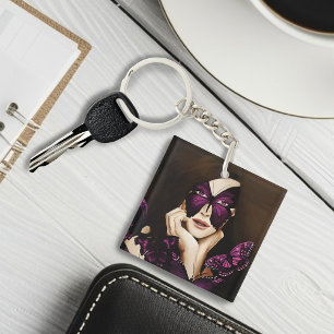 Paarse Vlinder Masquerade Vrouw Elegante Fantasie Sleutelhanger