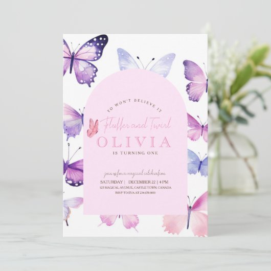 Paarse Vlinder Meisje 1e Verjaardag Regenboog Kaart (Staand voorkant)