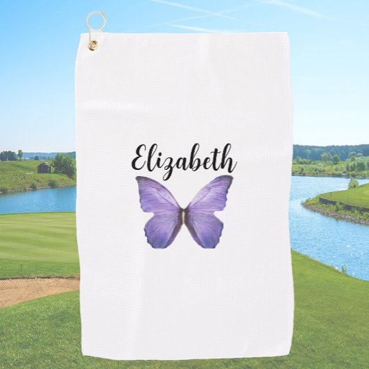  paarse vlinder met aangepaste naam dames golfhanddoek