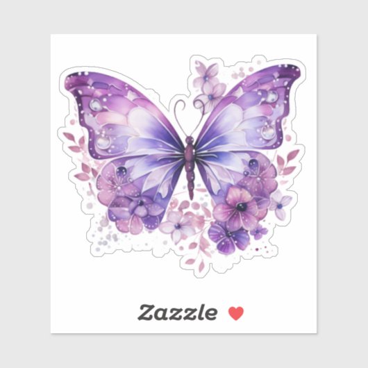 Paarse vlinder met bloemen sticker (Vel)