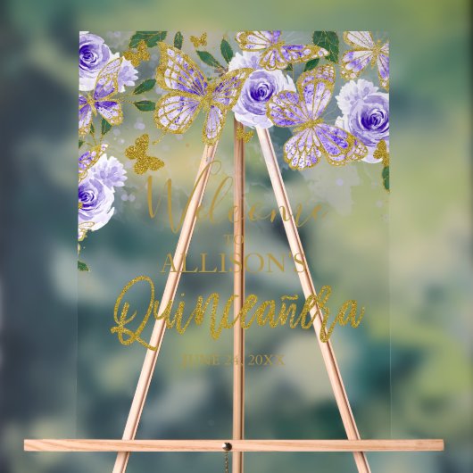 Paarse Vlinder Quinceanera Welkom Acryl Bord (Neutraal)