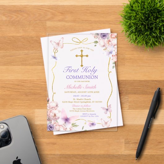 Paarse vlinder roze bloemen eerste communie acryl uitnodigingen (Insitu (Uitnodiging))