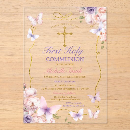 Paarse vlinder roze bloemen eerste communie acryl uitnodigingen (Voorkant)