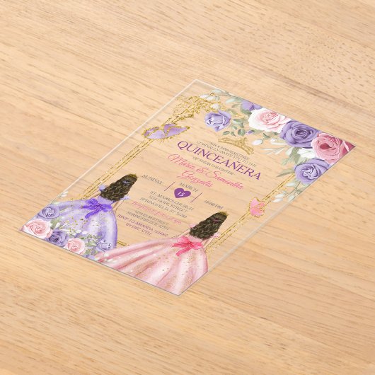 Paarse Vlinder Roze Bloemen Tweelinggoud Quinceañe Acryl Uitnodigingen (Laagn)