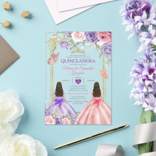 Paarse Vlinder Roze Bloemen Tweelinggoud Quinceañe Acryl Uitnodigingen (Insitu (Huwelijk))