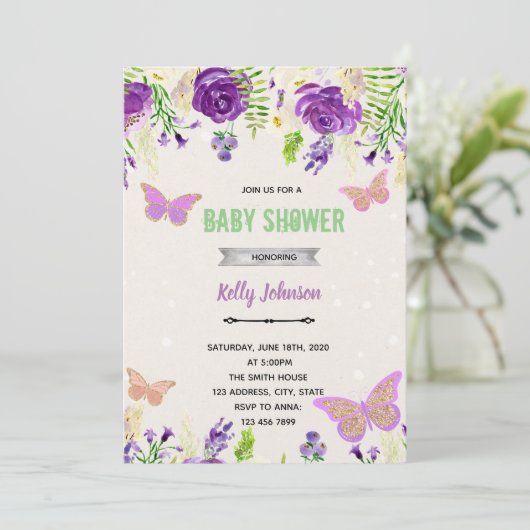 Paarse vlinder verjaardagsuitnodiging kaart (Staand voorkant)