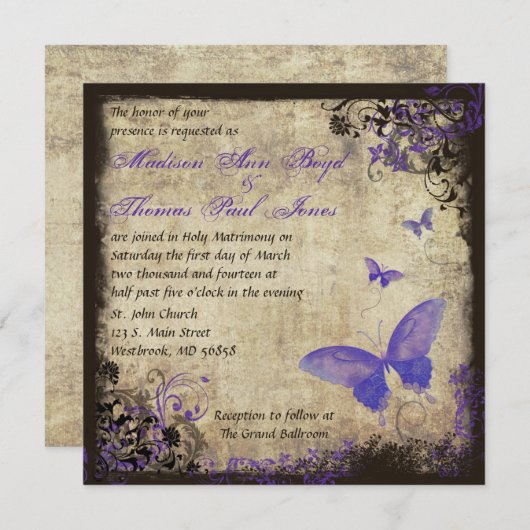 Paarse Vlinder Vierkante Bruiloft Uitnodiging (Voorkant / Achterkant)