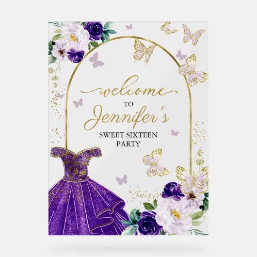 Paarse vlinder zoet 16 Welkom Acryl Bord (Voorkant)