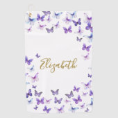  Paarse Vlinders Aangepaste Naam Dames Golfhanddoek (Voorkant)