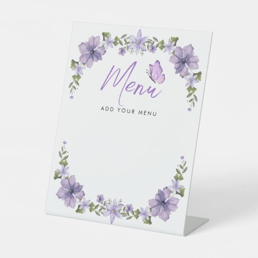Paarse Vlinders Baby shower Menu Reclamebord Met Voetstuk (Voorkant)