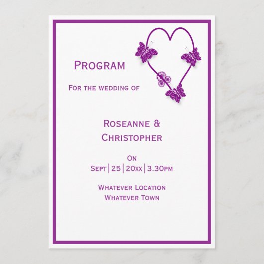 Paarse vlinders Heart Design Wedding Programma (Voorkant)