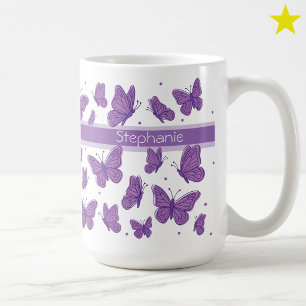 Paarse Vlinders & Stippen Aangepaste Naam Monogram Koffiemok