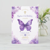Paarse Vlinders Tuin Doop & 1e Verjaardag Kaart (Staand voorkant)