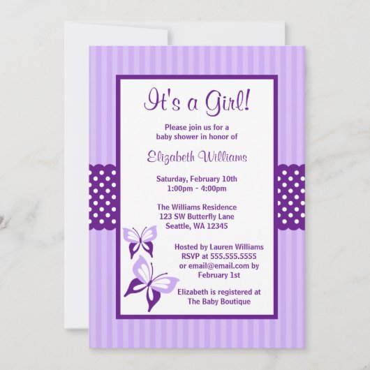 Paarse vlinderstaven en Stippen Baby shower Kaart (Voorkant)