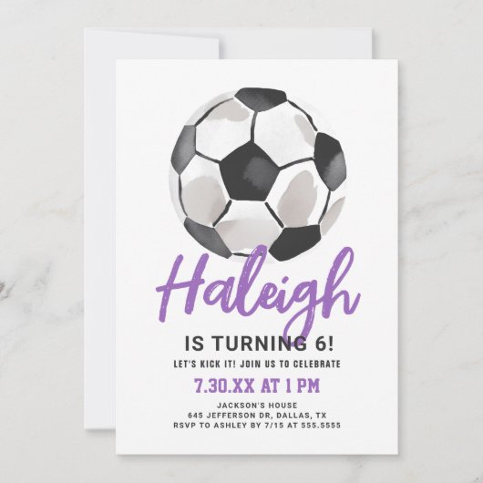 Paarse Voetbal Meisje Verjaardag Uitnodiging (Voorkant)