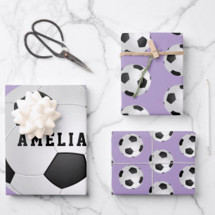 Paarse Voetbalballen Kinderen Naam Verjaardag  Inpakpapier Vel