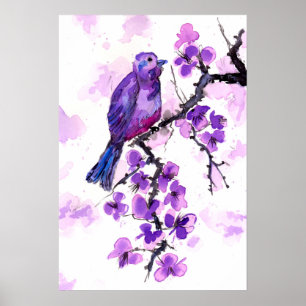 Paarse Vogel en Bloesems Poster