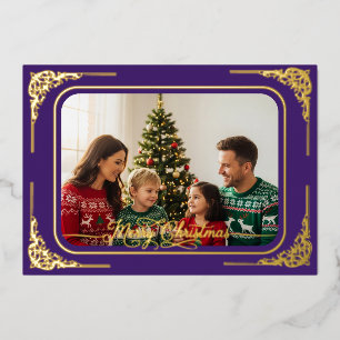 Paarse Volledige foto Goud ingelijst Kerst Folie Feestdagenkaart