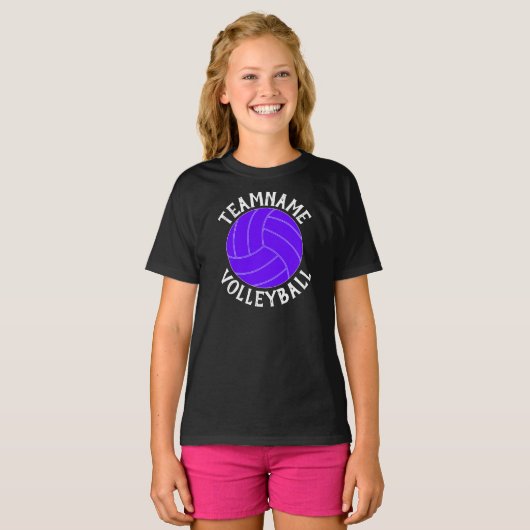 Paarse volleybalteam voor meisjes, speler en numme t-shirt (Voorkant volledig)
