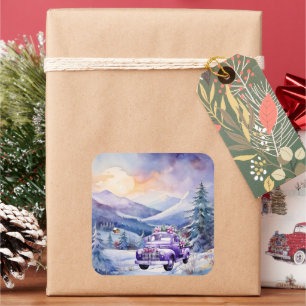 Paarse Vrachtwagen en Bergen Kerstmis Vierkante Sticker
