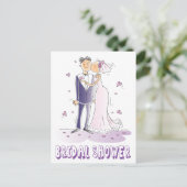 Paarse Vrijgezellenfeest Cartoon bruid & bruidegom Uitnodiging Briefkaart (Staand voorkant)