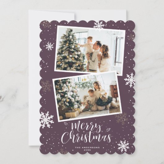 Paarse vrolijke kerst 2 foto feestdagenkaart (Voorkant)