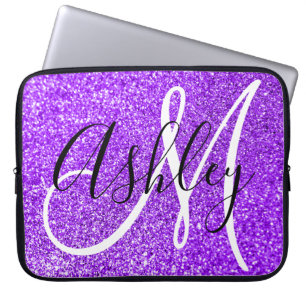 Paarse Vrouwelijke Nep Glitter Persoonlijk Monogra Laptop Sleeve