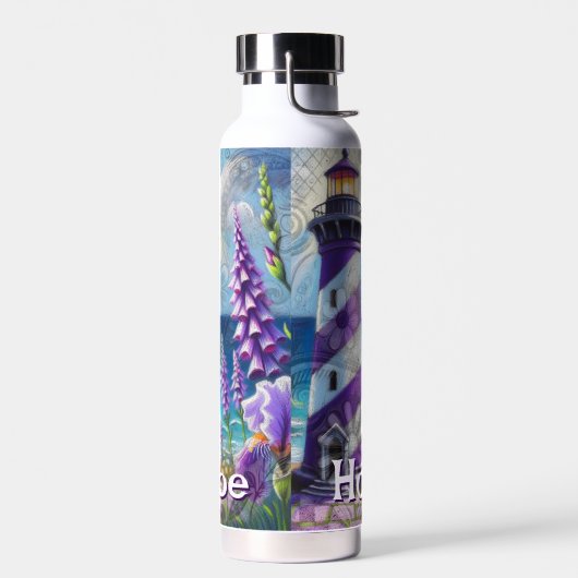 Paarse Vuurtoren w / Foxglove & Iris Gepersonalise Waterfles (Links)